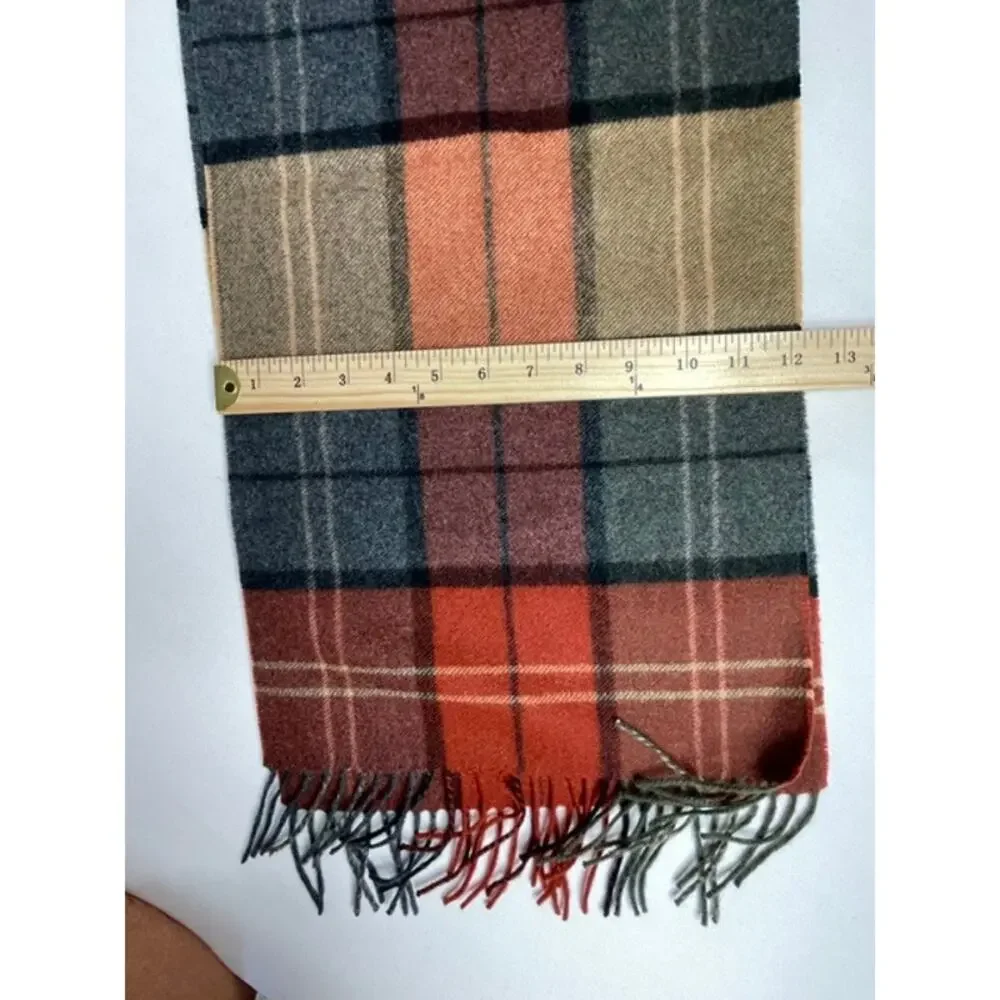 Jos. A. Bank 100% Cashmere Plaid Scarf Fringe Orange Gray Blue Autumn Gorpcore